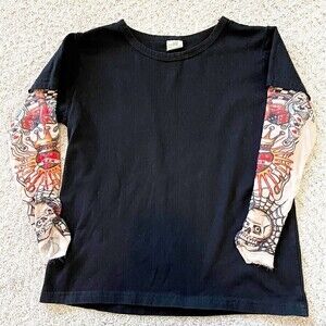 Boys Girls Tattoo Sleeves Black T-shirt Sz 130 (5-6 Yrs) Whimsigoth Witchy Rock